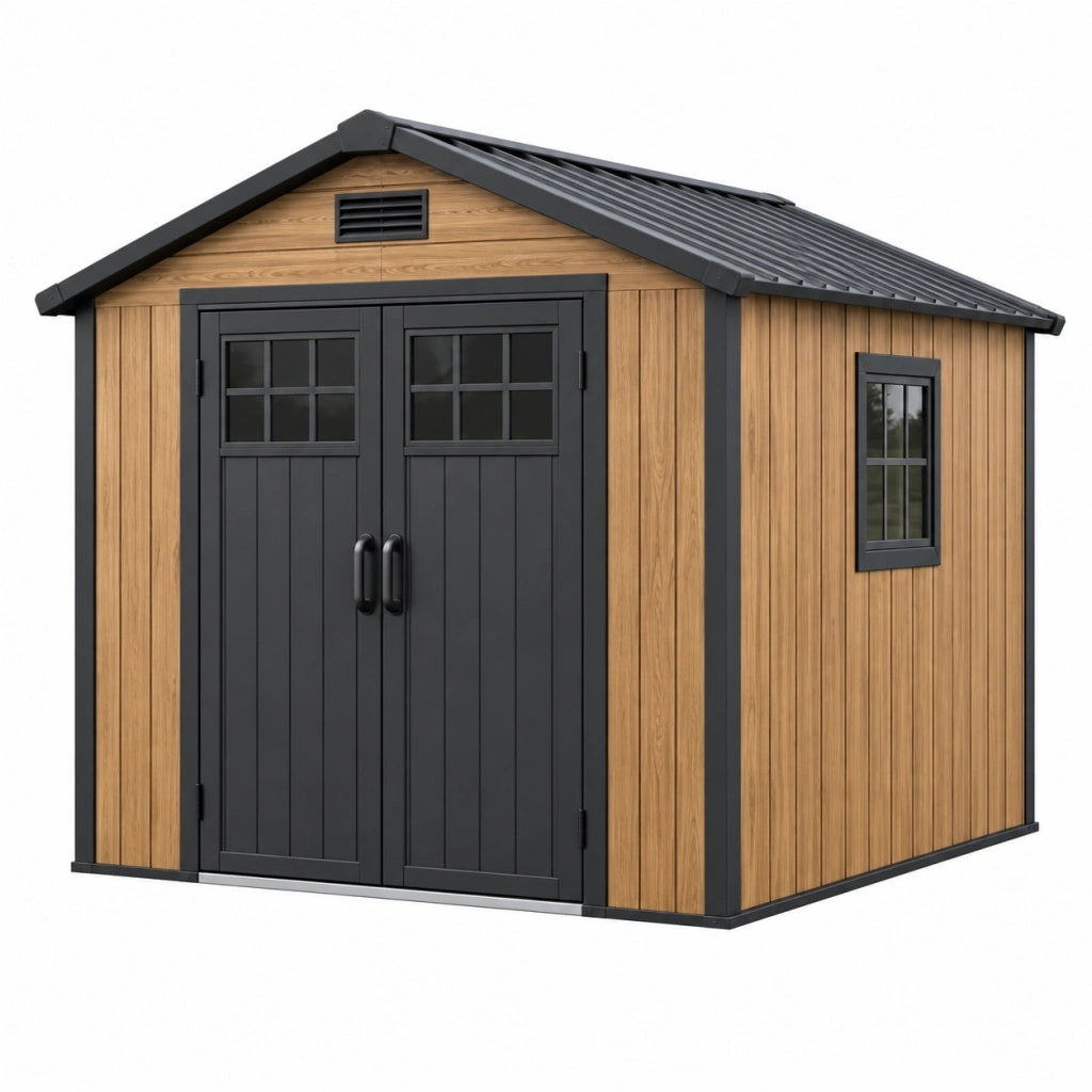 Domek ogrodowy 213 x 127 x 185 cm z tworzywa w kolorze dębowym i antracytowym z podwójnymi drzwiami