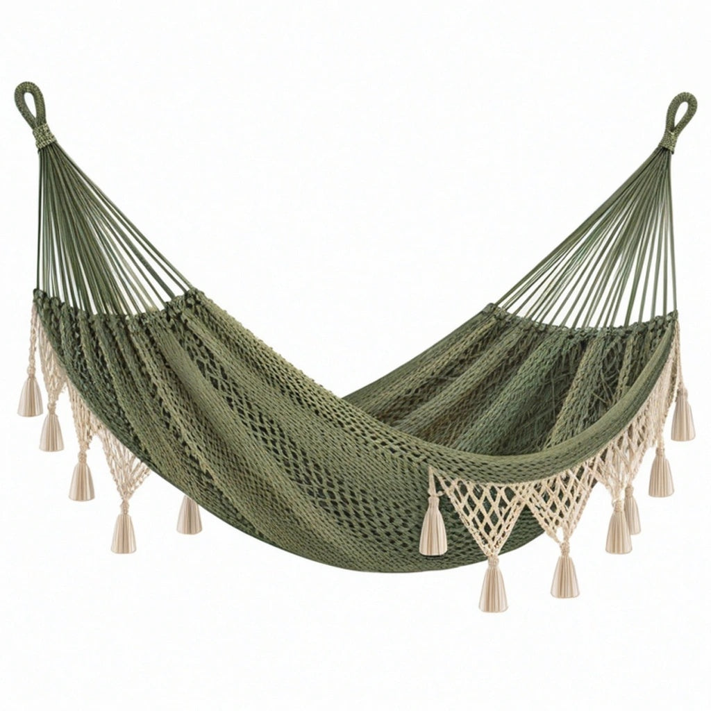 Hamak 200 x 100 cm zielony z plecionego sznurka w stylu boho do wypoczynku